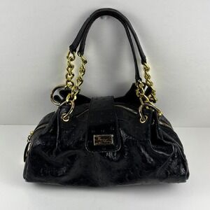 Isabella Adams Black Ostrich Embossed Leather Satchel‎ Gold Chain Handbag Y2K